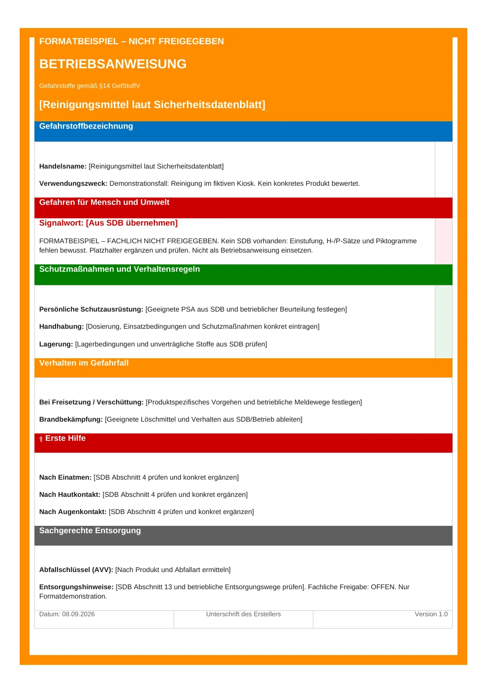 DOCX-Formatbeispiel mit Platzhaltern zum Reinigungsmittel, deutlich als nicht freigegeben gekennzeichnet