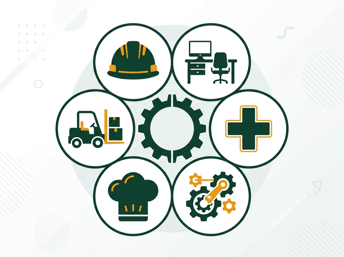 Diverse Branchen-Icons – Bau, Büro, Gesundheit, Industrie, Gastronomie, Logistik