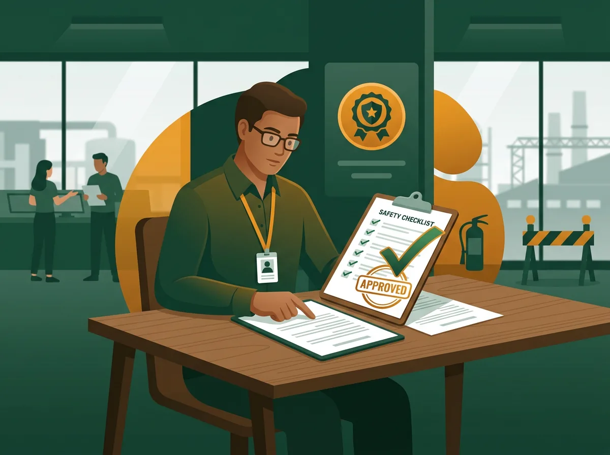 Fachkraft für Arbeitssicherheit prüft Dokumente mit Freigabestempel