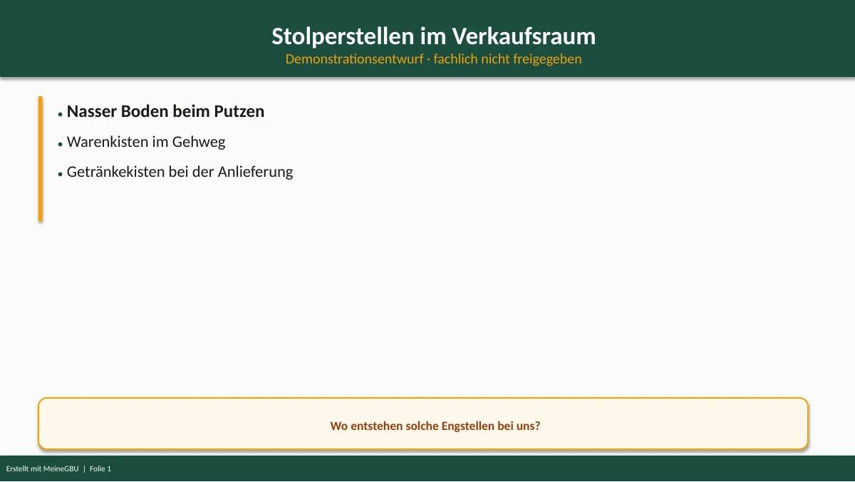 Folie 2: Stolperstellen im Kiosk mit Gesprächsfrage und Entwurfshinweis