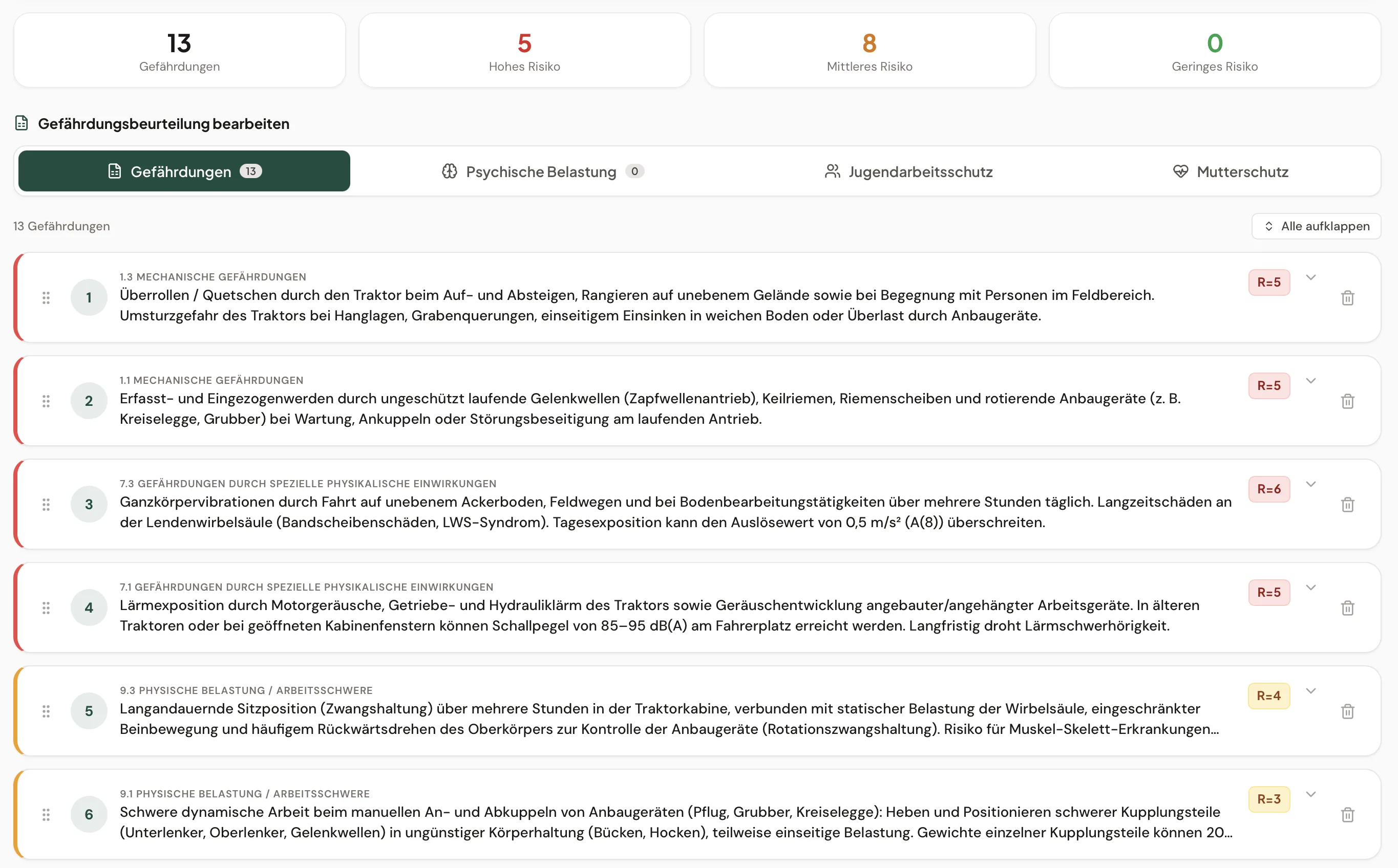 MeineGBU Webinterface mit Gefährdungen für Traktorarbeiten in der Landwirtschaft